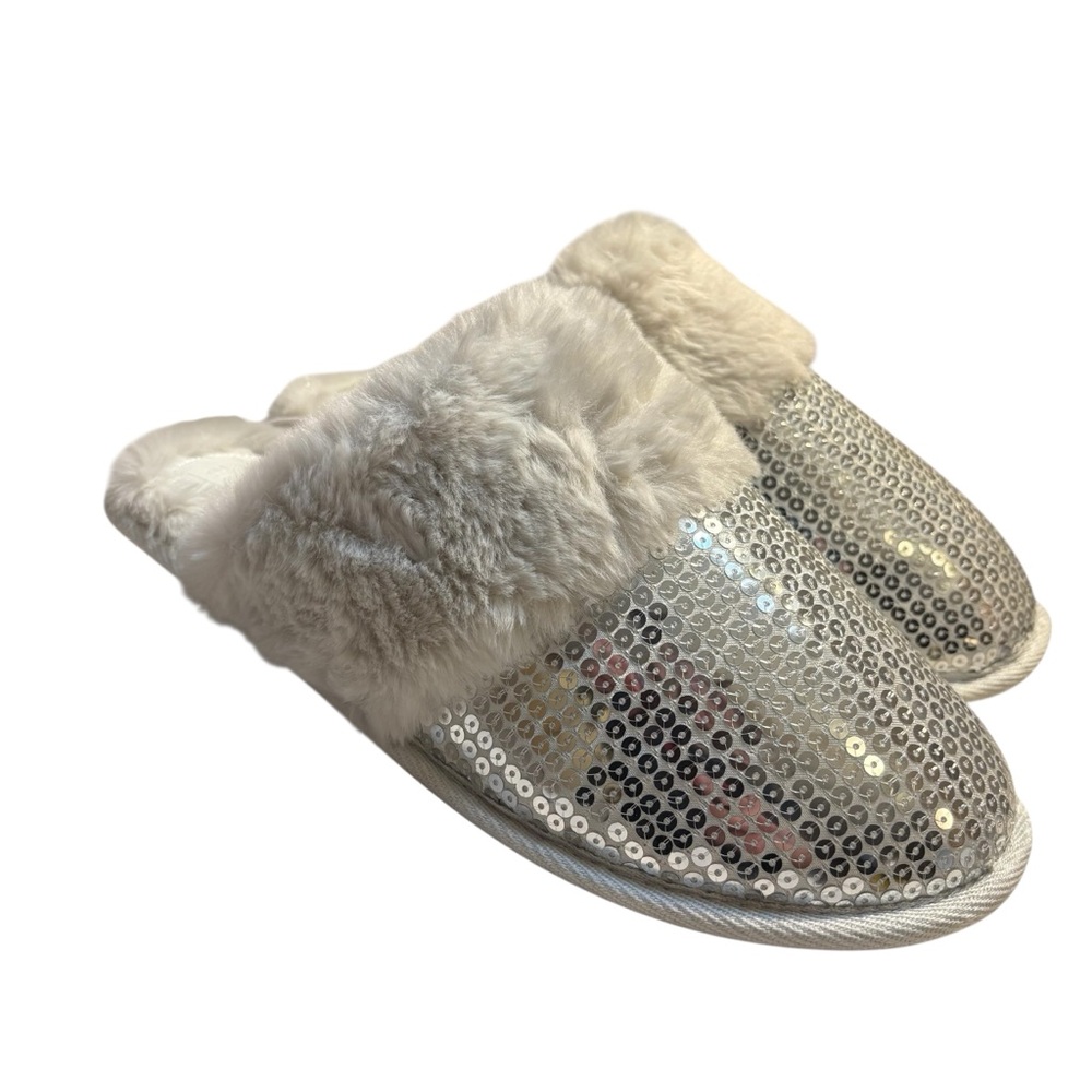 NEW Auden Slippers XL (11/12) Silver Sequins with Faux Fur Lining Cozy NWT - Picture 8 of 13